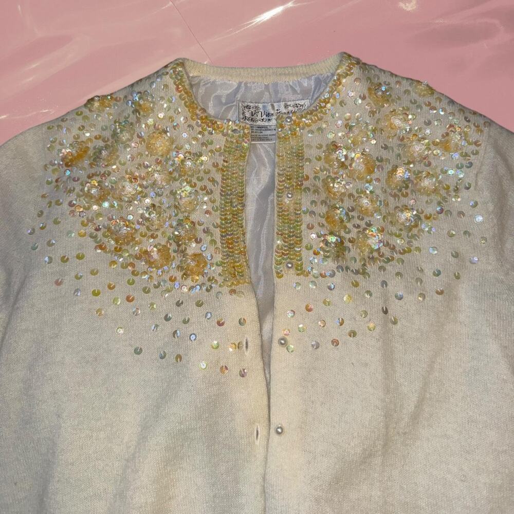 Vintage iridescent sequin pearl cardigan fairy core romantic Y2K - Picture 3 of 8